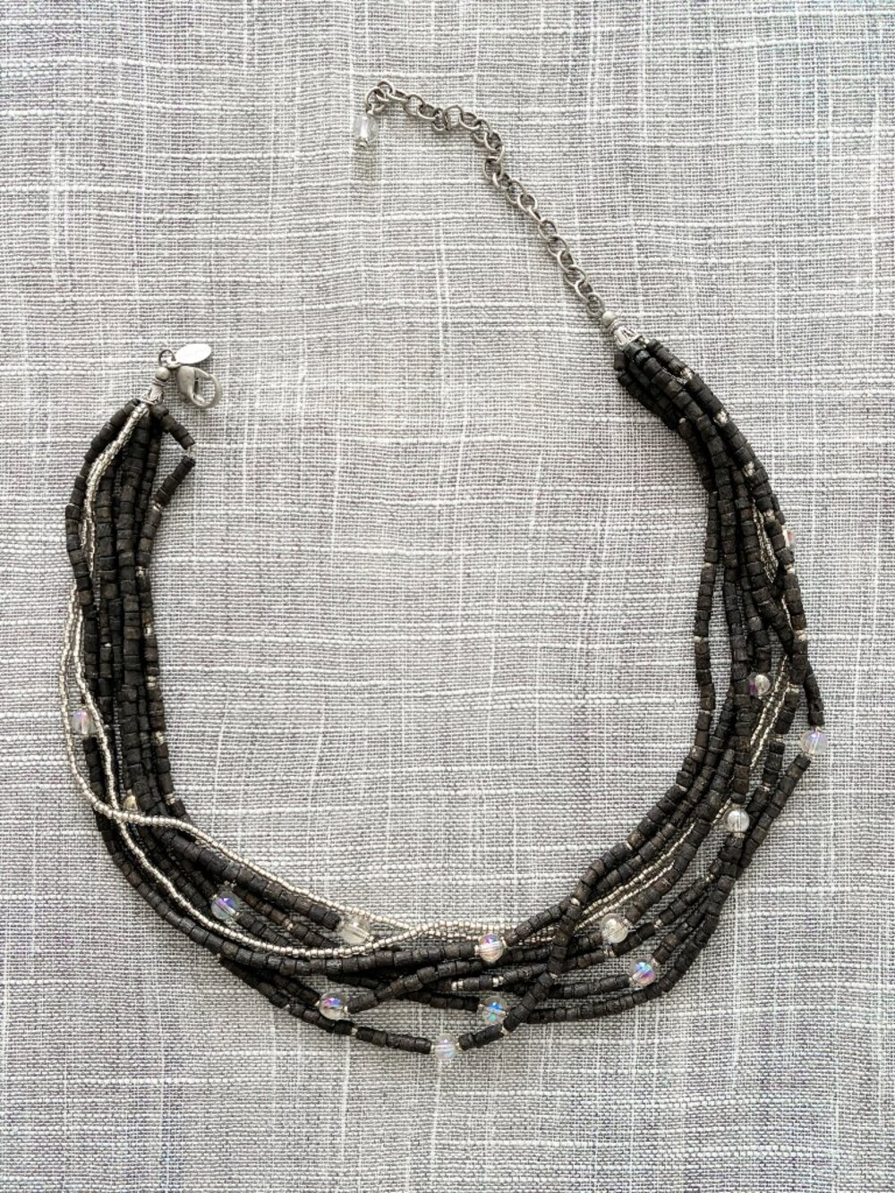 Chico's Black Multi-Strand Beaded Necklace with Silver-Pearl Accents